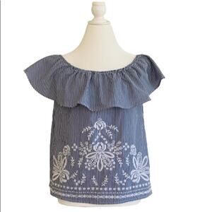 Blue Rain Blouse Top White Blue Striped Ruffled Sleeveless Embroidered XS